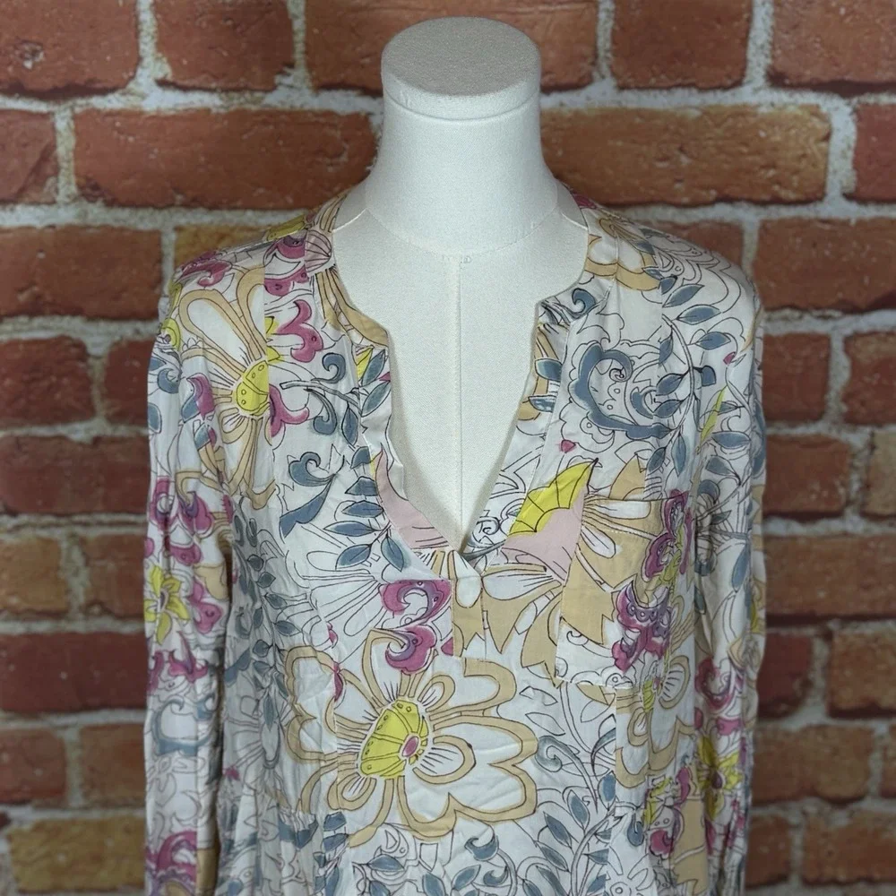 Maeve By Anthropologie Long Sleeve Blouse Women Size 6 V Neck Ivory Floral‎ Boho